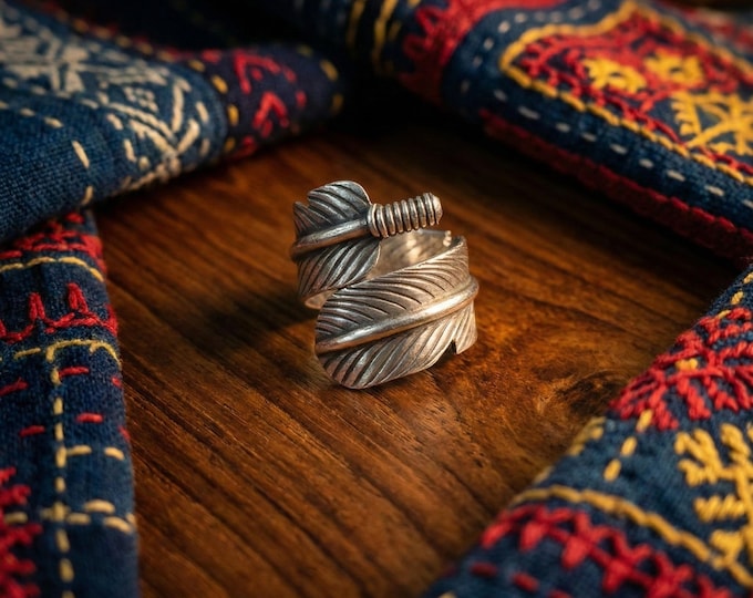 Handmade Hill Tribe Silver Feather Ring, Boho Wrap Jewelry