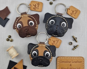 Handgefertigter Mops-Schlüsselanhänger aus Leder, Geschenk für Hundeliebhaber