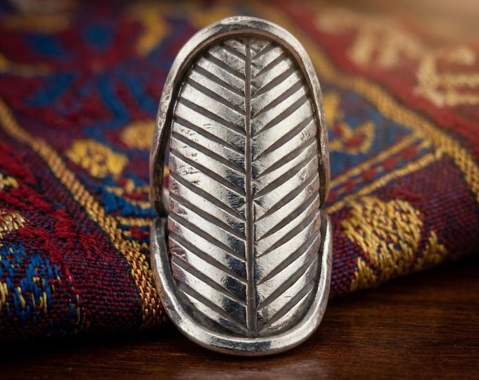 Hand-Forged White Metal Shield Ring – Tribal Leaf Design