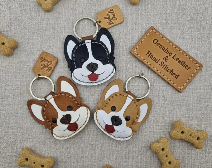 Hand-Stitched Leather Corgi Keyring | Custom Personalised Dog Memorial & Pet ID Tag Gift