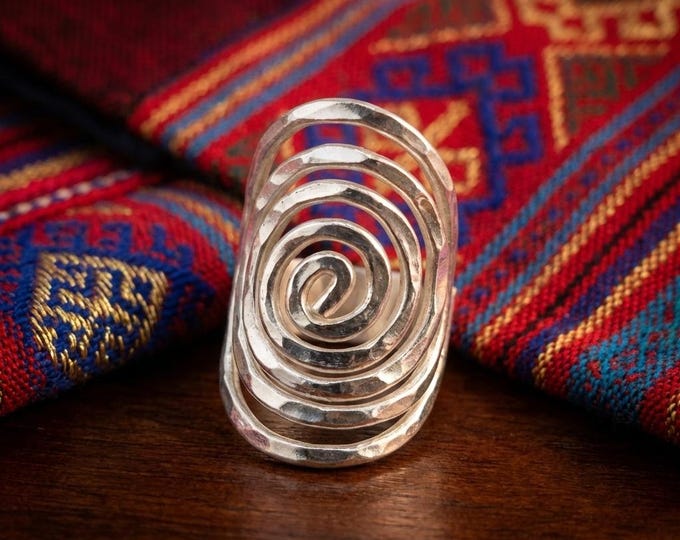 Hand-Forged Spiral Ring, Hammered White Metal, Hill Tribe Boho Jewelry
