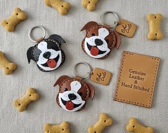 Hand-Stitched Leather Bulldog Keyring | Custom Dog Memorial & Pet ID Tag