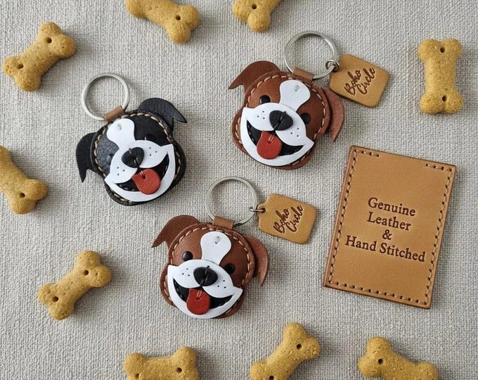 Hand-Stitched Leather Bulldog Keyring | Custom Dog Memorial & Pet ID Tag