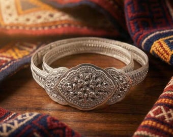 Hand-Forged Tribal Belt, Filigree Nomad Waist Accessory, White Metal