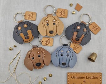 Handgefertigter Dackel-Schlüsselanhänger aus Leder | Anhänger mit Dackelgesicht in Hellbraun oder Schwarz | Geschenkidee: Schlüsselanhänger mit Dackelmotiv