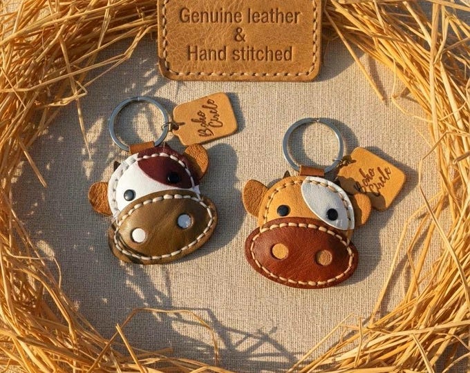 Handmade Leather Cow Keychain | Rustic Farm Animal Key Fob