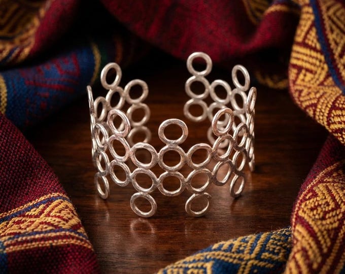 Geometric Circle Mesh Cuff, Openwork Lustrous White Metal Bangle, Artisan Hand-Forged Statement Wristwear, Boho Circle Bracelet