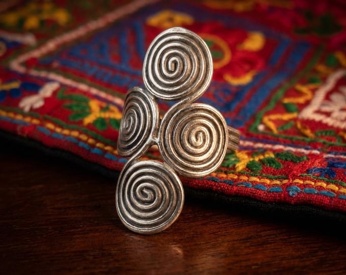 Karen Hill Tribe Fine Silver Spiral Ring, Adjustable Boho Statement Jewelry