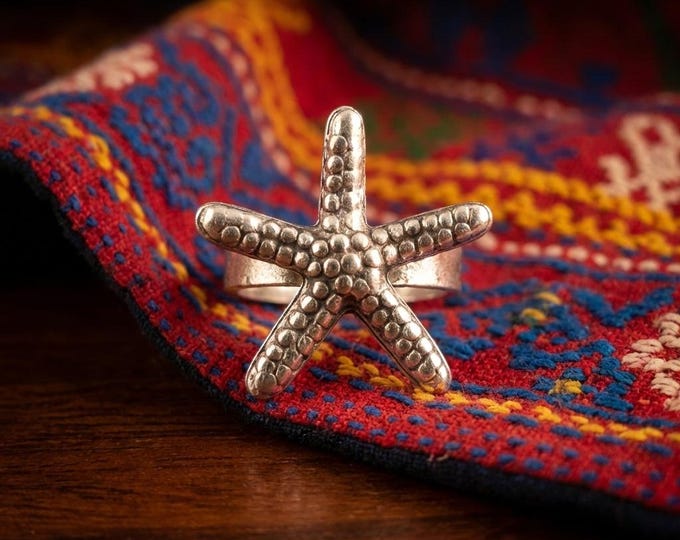 Hand-Forged Starfish Ring, Lustrous White Metal, Adjustable Boho Jewelry