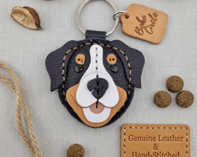 Handmade Leather Bernese Mountain Dog Keyring, Boho Circle Bag Charm