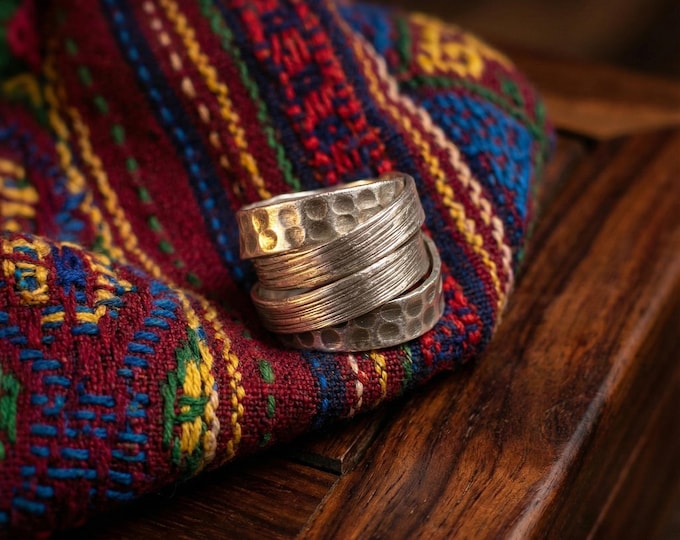 Hand Forged Hammered Wrap Ring, Adjustable Boho Statement Band