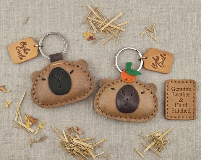 Capybara Leather Keyring, Hand-Stitched Animal Bag Charm, Orange Fruit Detail