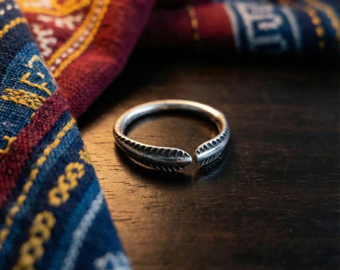 Handmade Hill Tribe Silver Feather Ring, Adjustable Boho Wrap