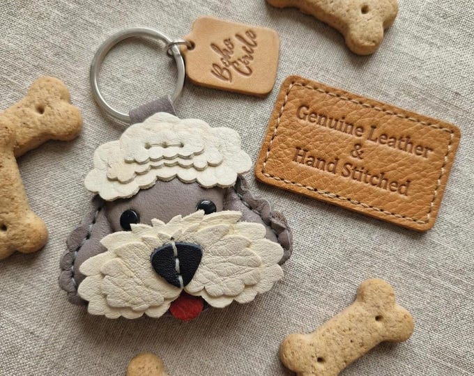 Handmade Leather Old English Sheepdog Keychain, Hand-Stitched Sheepie Bag Charm