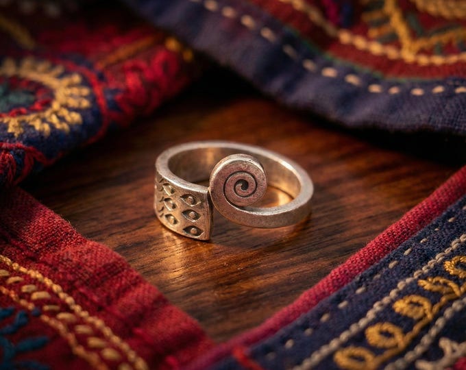 Handmade Hill Tribe Silver Spiral Ring, Adjustable Boho Wrap Band