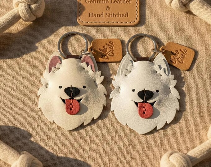 Artisan Leather Doodle/Spitz Keychain | Fluffy Dog Face Keyring | Unique Pet Accessory