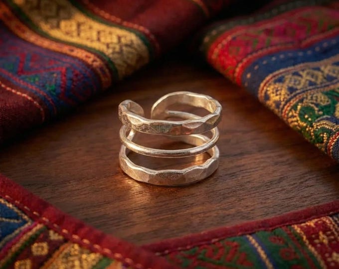Hammered Fine Silver Ring, Chunky Triple Band, Adjustable Artisan Jewelry