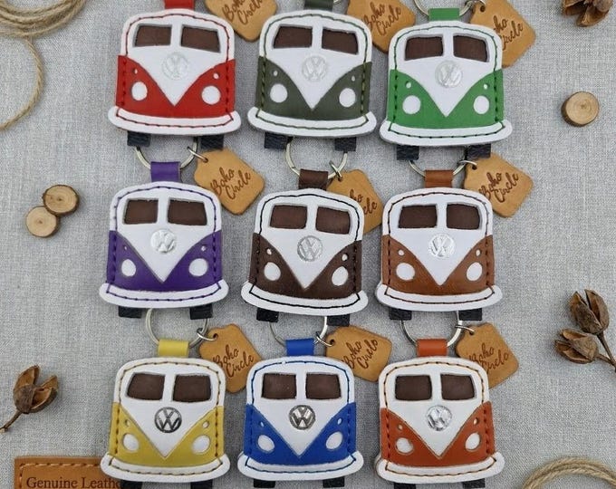 Handmade Leather Campervan Keyring, Retro Bus Bag Charm, Van Life Accessory