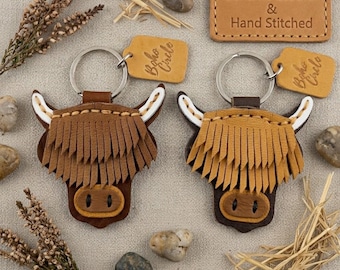 Handstitched Highland Cow Leather Keychain | Rustic Hairy Coo Bag Charm