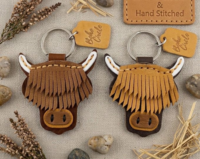 Handstitched Highland Cow Leather Keychain | Rustic Hairy Coo Bag Charm