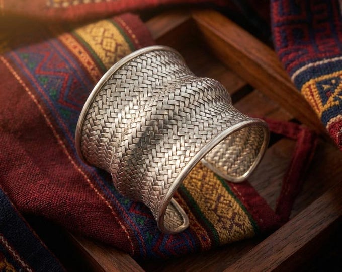 Hand-Woven Metallic Cuff, Boho Statement Bangle