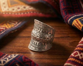 Hand-Forged White Metal Statement Ring, Tribal Etched Boho Band