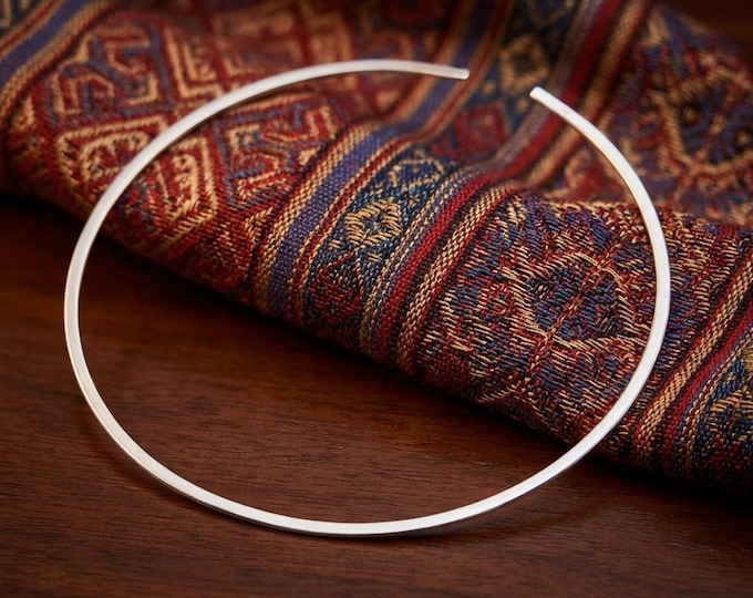 Hand-Forged Lustrous White Metal Choker, Minimalist Open Torque Collar, Boho Circle Sculptural Neckpiece