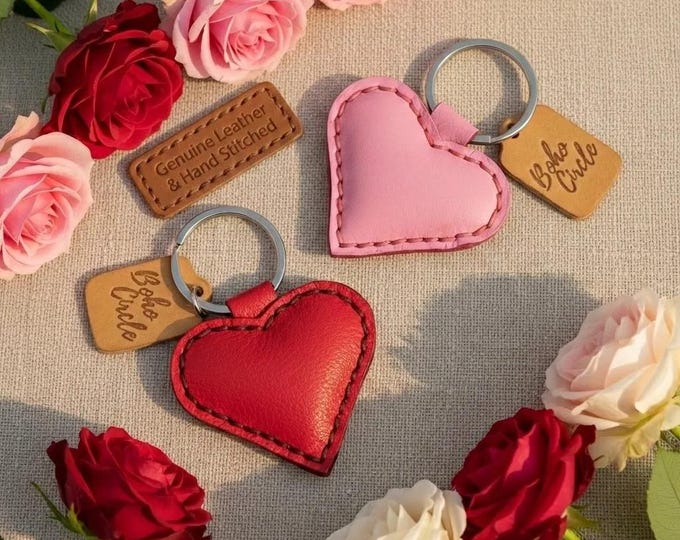 Handstitched Leather Heart Keychain | Red or Pink Key Fob