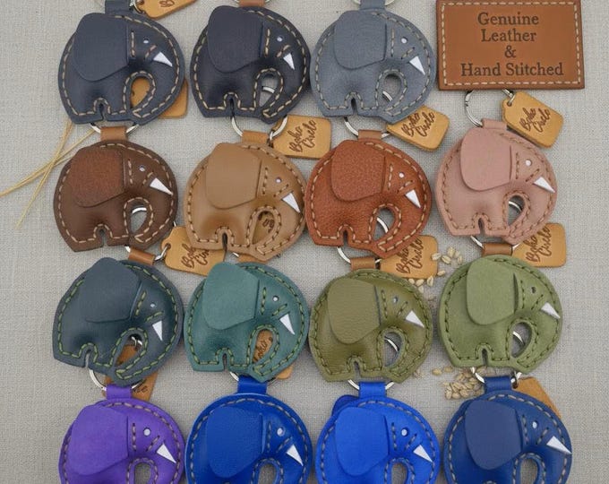 Hand-Stitched Leather Elephant Keyring | Custom Personalised Bag Charm & Boho Accessory Gift