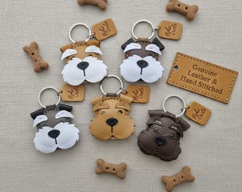 Handmade Leather Schnauzer Keychain | Miniature Schnauzer Dog Face Key Fob Charm | Terrier Gift UK