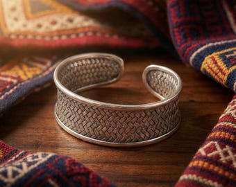 Hand-Woven Metallic Rattan Cuff, Artisan White Metal Bangle
