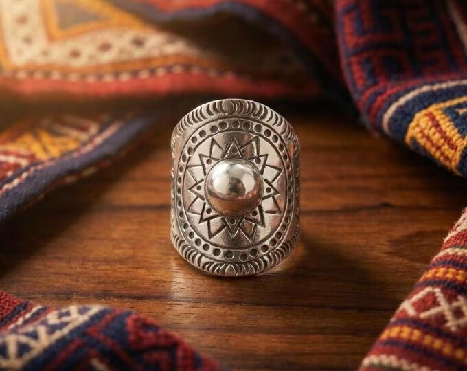 Hand-Forged Sunburst Ring, Ethnic Tribal Shield, Adjustable Boho Jewelry