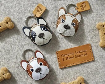 Hand-stitched Leather Boston Terrier Keyring, Laser Etched Tag, Boho Circle Charm
