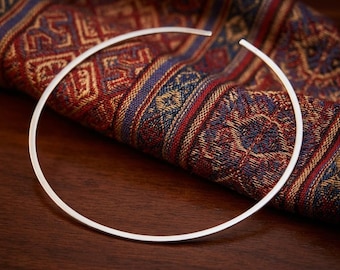 Hand-Forged Lustrous White Metal Choker, Minimalist Open Torque Collar, Boho Circle Sculptural Neckpiece