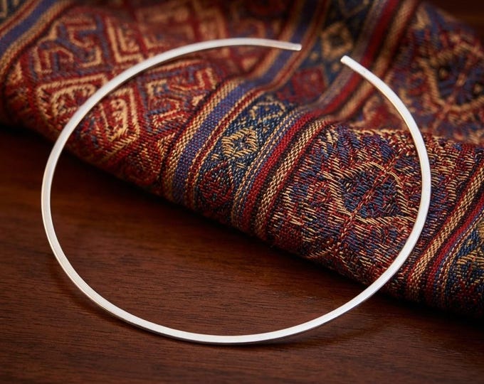 Hand-Forged Lustrous White Metal Choker, Minimalist Open Torque Collar, Boho Circle Sculptural Neckpiece