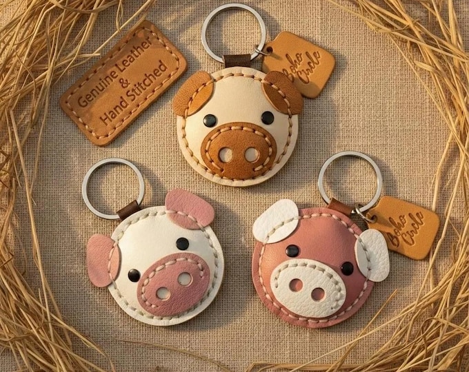 Handstitched Pig Leather Keychain | Farm Animal Key Fob