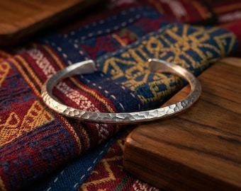 Hand-Hammered Chunky Cuff Bracelet, Lustrous White Metal, Tribal Bangle