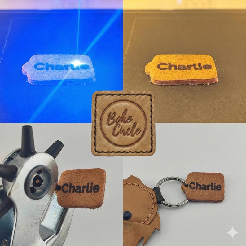 Pu&ograve; includere: Un collage di articoli di artigianato in pelle. Include un pezzo inciso al laser con "Charlie", una toppa "Boho Circle" e un portachiavi con un'etichetta "Charlie". Gli articoli sono in varie fasi di produzione, con strumenti e illuminazione visibili.