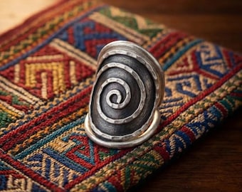 Hand-Forged White Metal Spiral Ring, Chunky Tribal Band, Adjustable Boho Jewelry