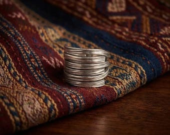 Hand-Forged Lustrous White Metal Ring, Chunky Woven Band, Bohemian Cuff