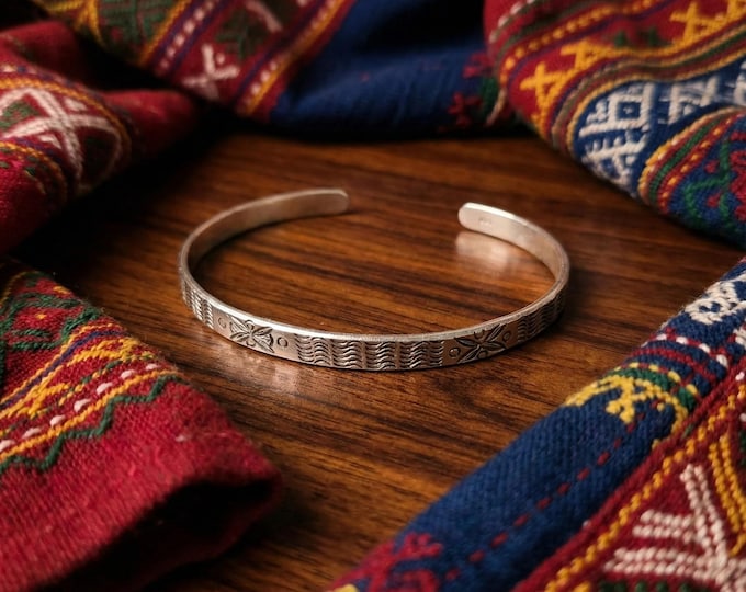 Hand-Forged Metal Cuff Bangle, Stamped Floral Pattern, Boho Tribal Wristband