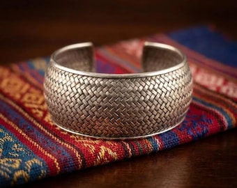 Hand-Woven Metallic Cuff, Artisan Basket Bangle, Boho Statement Jewelry