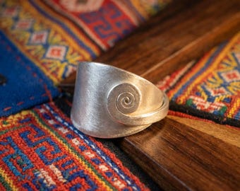 Handmade Hill Tribe Silver Spiral Ring, Adjustable Boho Statement Band