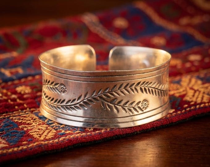 Hand-Stamped Botanical Cuff, Lustrous White Metal Bangle, Artisan Boho Bracelet