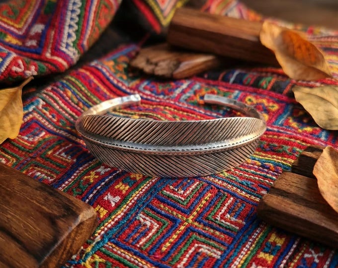 Hand-Forged Feather Cuff Bangle, Tribal Boho Artisan Wristwear