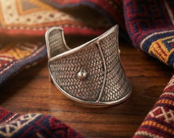 Hand-Woven Metallic Fish Cuff, Rattan Bangle, Boho Statement Jewelry