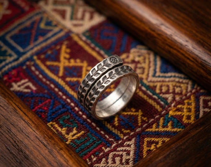 Hand-Forged White Metal Wrap Ring, Tribal Geometric, Adjustable