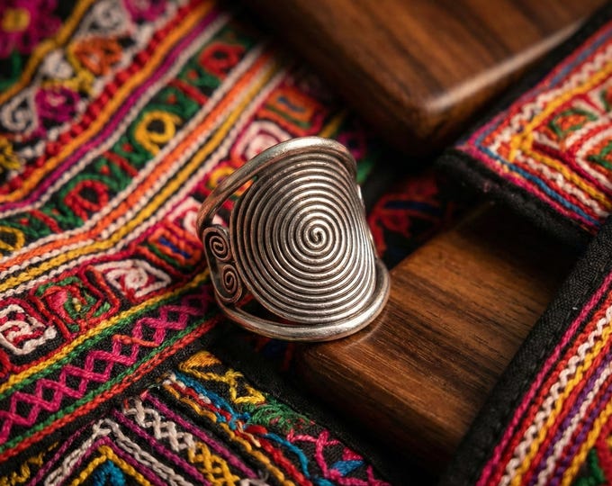Hand Forged White Metal Spiral Ring, Hill Tribe Artisan Jewelry