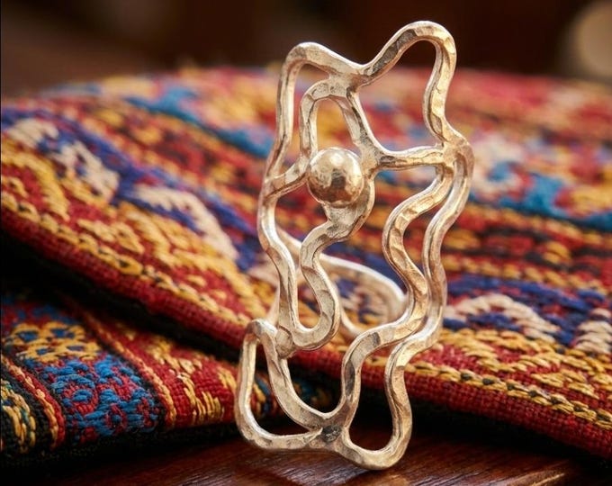 Hand-Forged Lustrous Metal Ring, Abstract Boho Statement, Adjustable Band