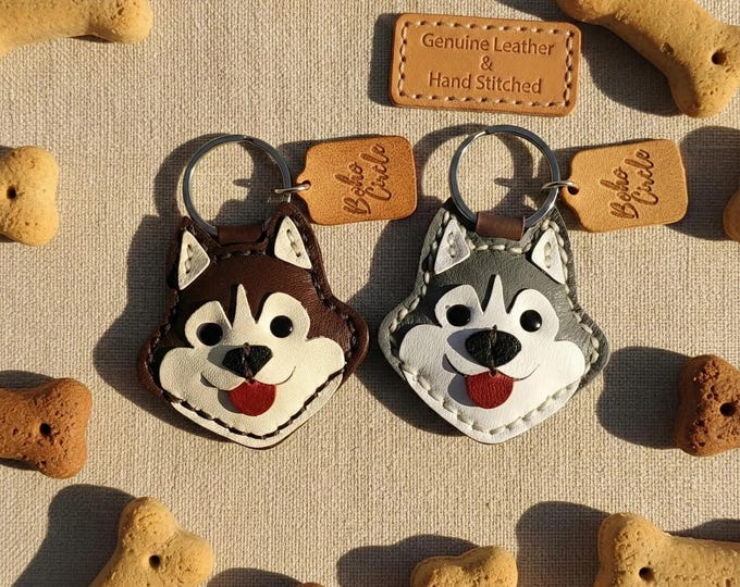 Handstitched Leather Siberian Husky Keychain | Sled Dog Charm